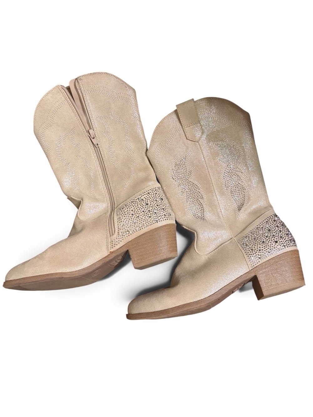 Beige Western-Inspired Mid-Calf Combat Boots with Studded Heel